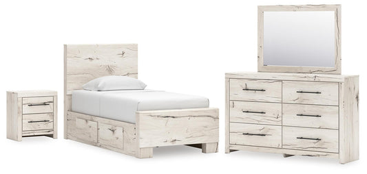 Lawroy Twin Panel Bed with Storage, Dresser, Mirror and Nightstand