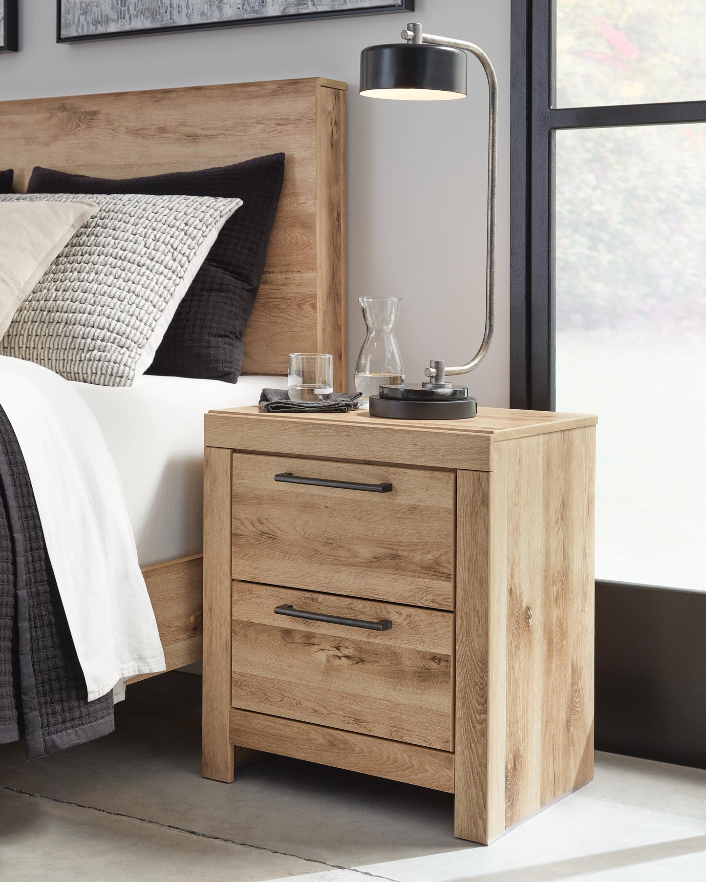 Hyanna King Panel Storage Bed with 1 Under Bed Storage Drawer, Dresser, Mirror and Nightstand
