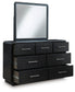 Rowanbeck King Upholstered Panel Bed, Dresser, Mirror and Nightstand