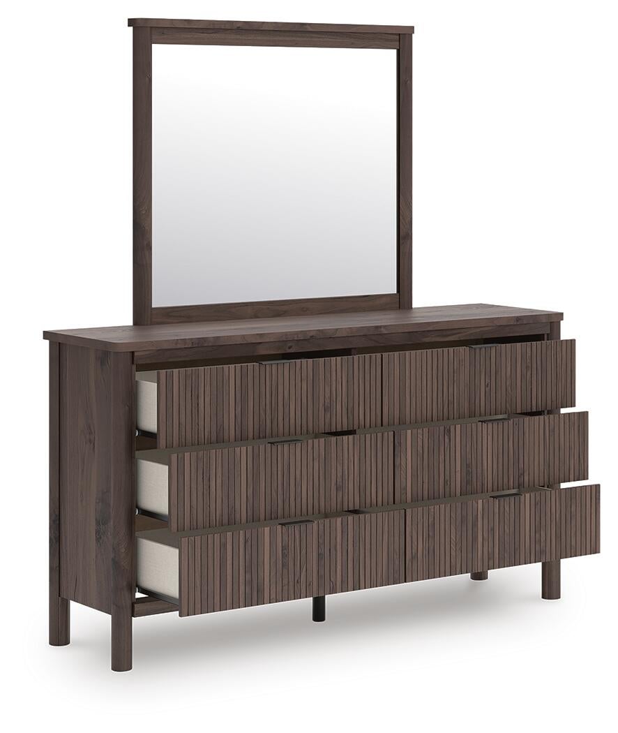 Cadmori King Upholstered Panel Platform Bed, Dresser and Mirror