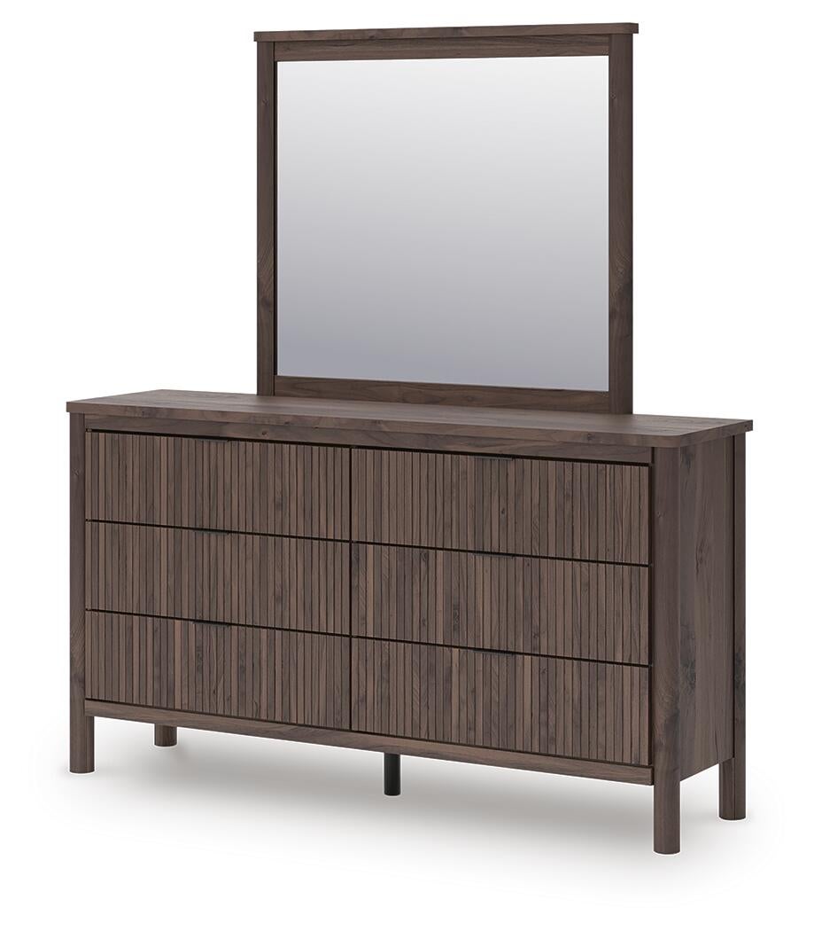Cadmori Queen Upholstered Panel Bed, Dresser and Mirror